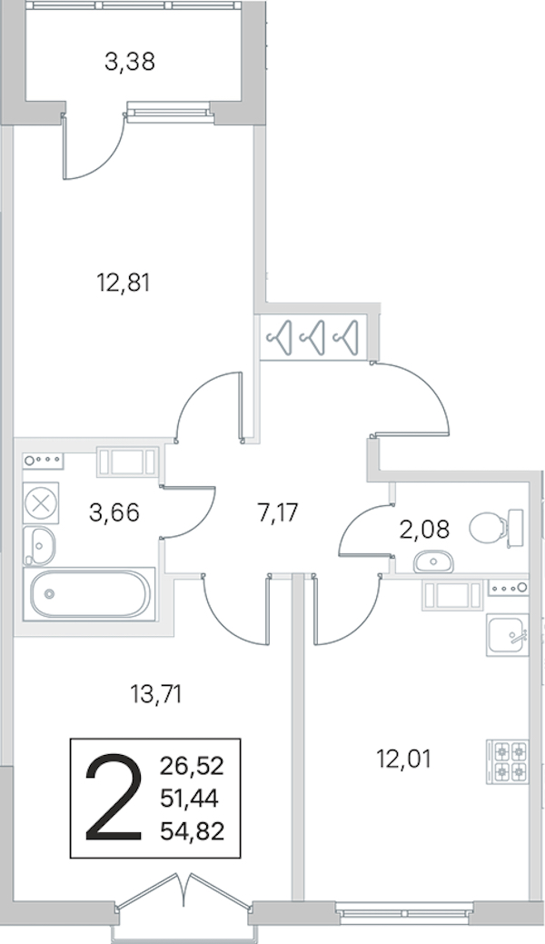 2-комнатная квартира 51.44 м², 3/4 эт., ЖК «Любоград в Стрельне»
